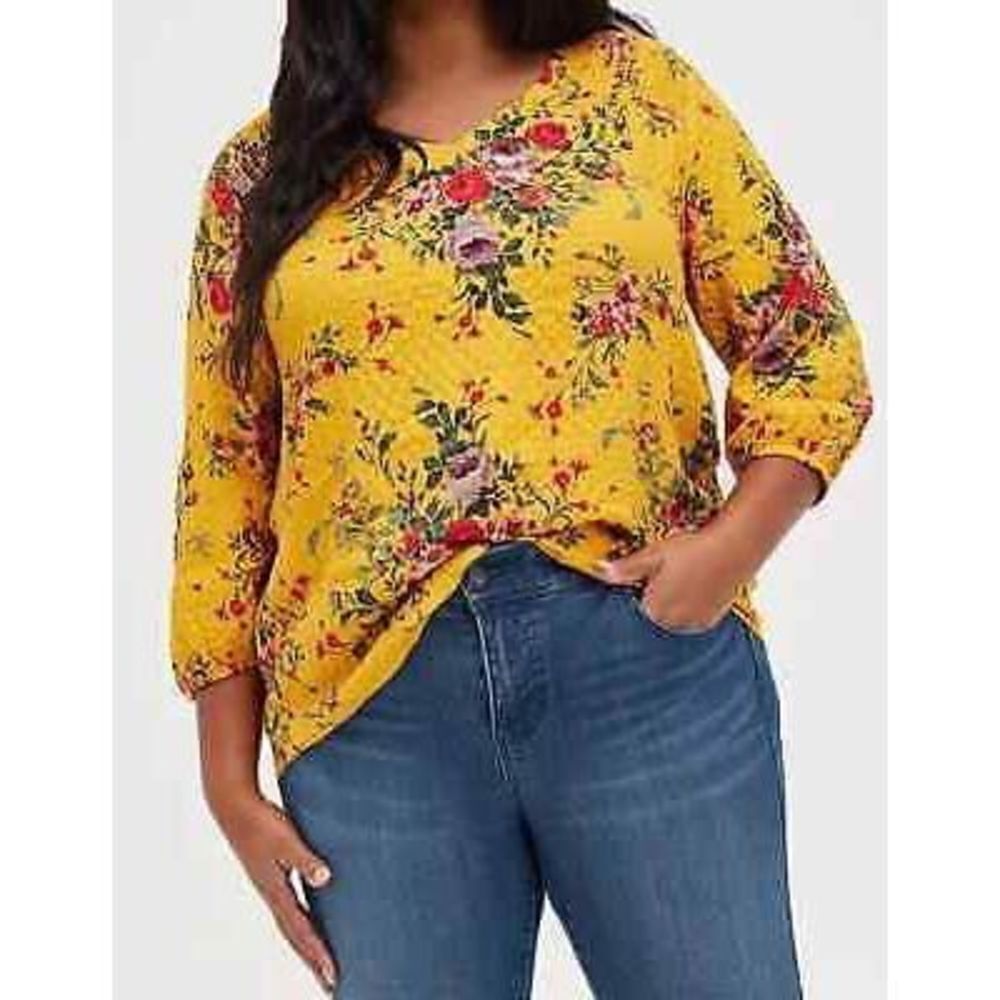 Torrid V Neck Tunic Blouse Crinkle Flannel Floral Yellow size 00 Medium Large